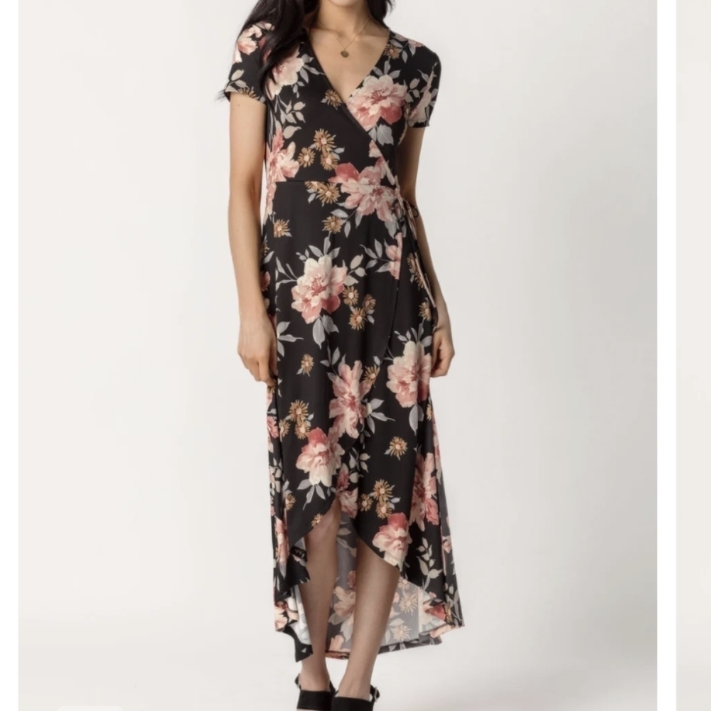 Eclipse Floral Brushed Cap Sleeve Crossover High Low Dress Maxi Wrap Sz Medium